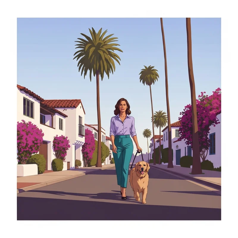 A stylish woman walking her dog in a pet friendly santa barbara ca neighborhood with palm trees and Spanish architecture.