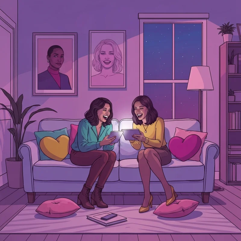 Two friends sharing a digital valentine's day present for friend experience in a cozy room.