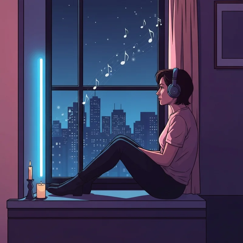 A young adult reflecting on life while listening to death of friend songs at night.