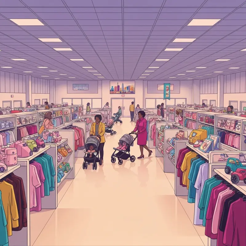 A busy community consignment event like the just between friends grand rapids sale featuring parents shopping for children's items.