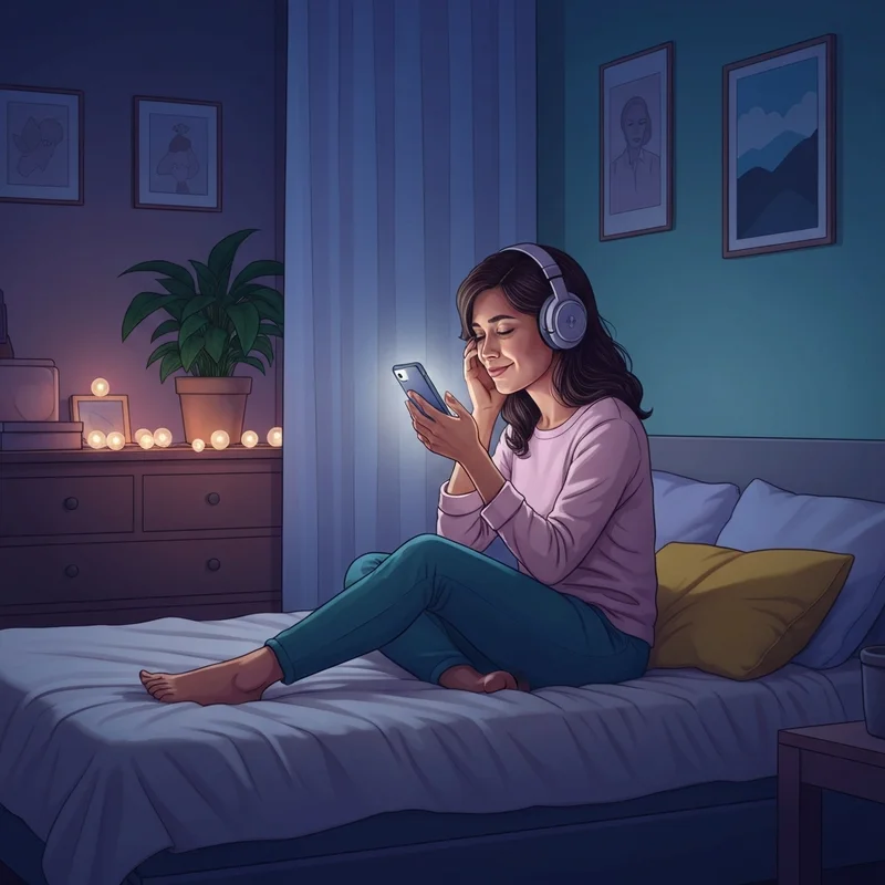 A young woman using a voice friend app at night to find emotional comfort and cure loneliness.