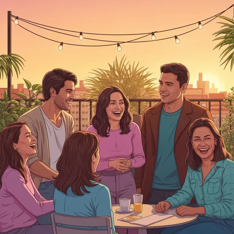 A group of young adults demonstrating the warmth of being a friend in Portuguese on a rooftop in Brazil.