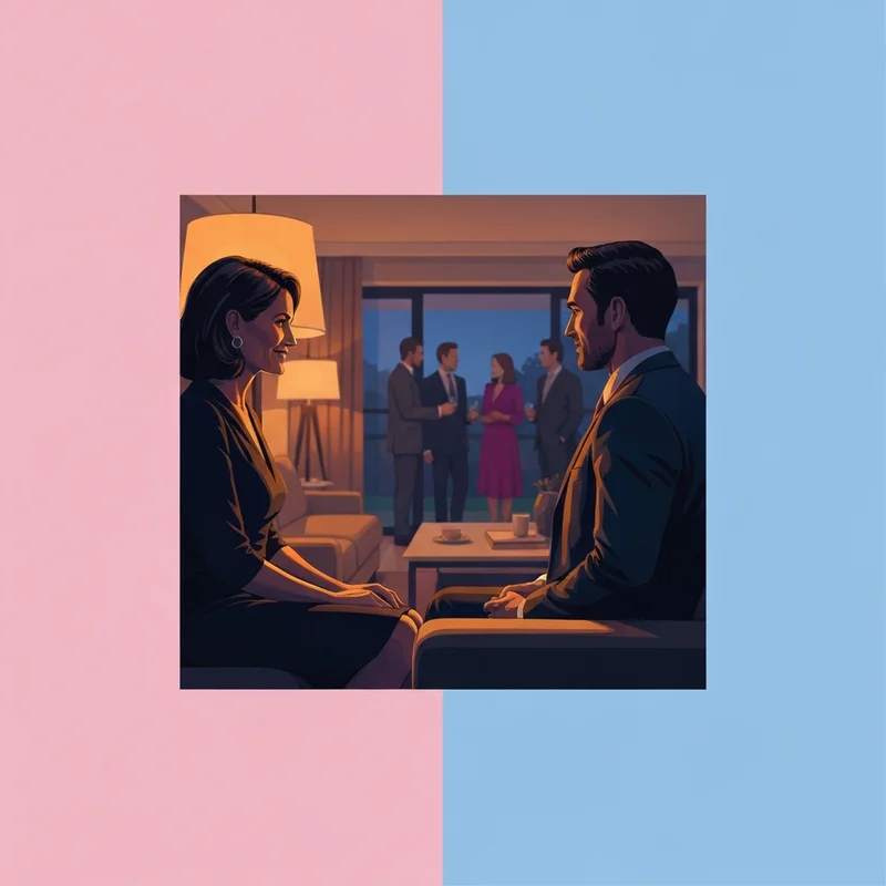 A couple sharing a secret look at a dinner party, illustrating the psychology of wife flashing friends and transgressive intimacy.