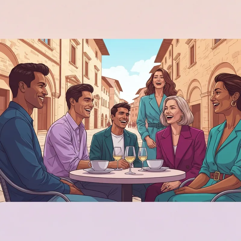 A group of young adults laughing together at an Italian cafe while practicing the term italian for friend.