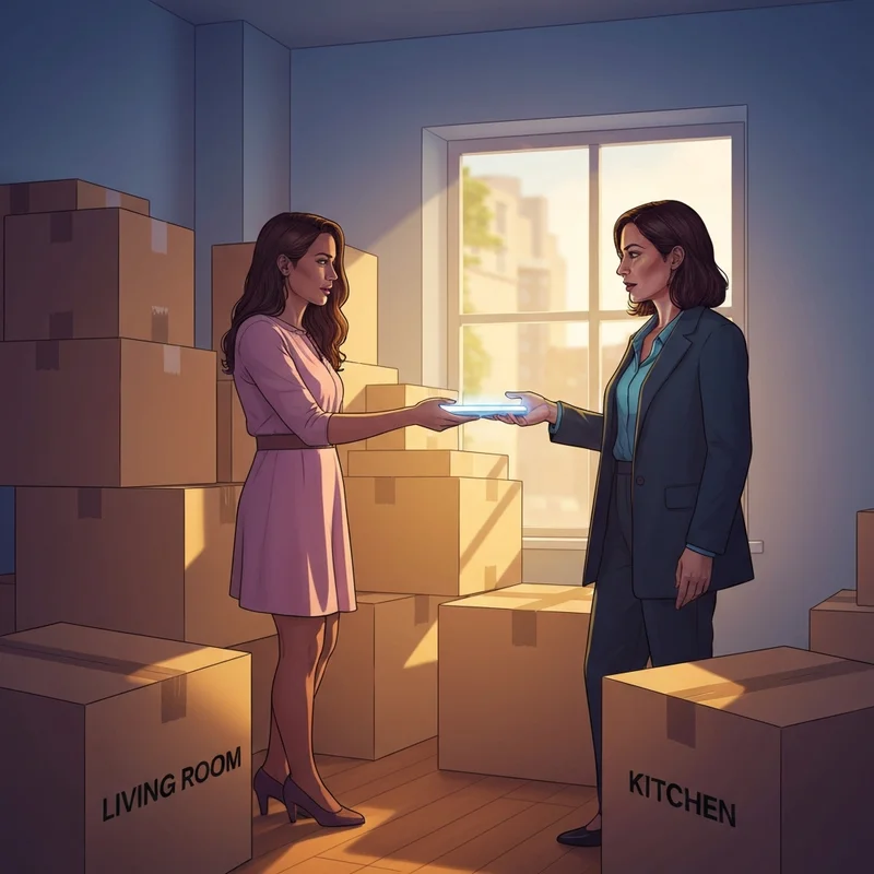 Two friends sharing emotional gifts for a best friend moving away in a room full of packing boxes.