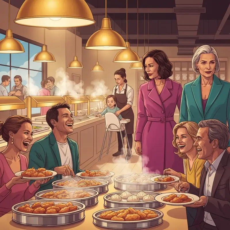 A group of happy friends and a family enjoying a meal at a friendly chinese buffet with a warm atmosphere.