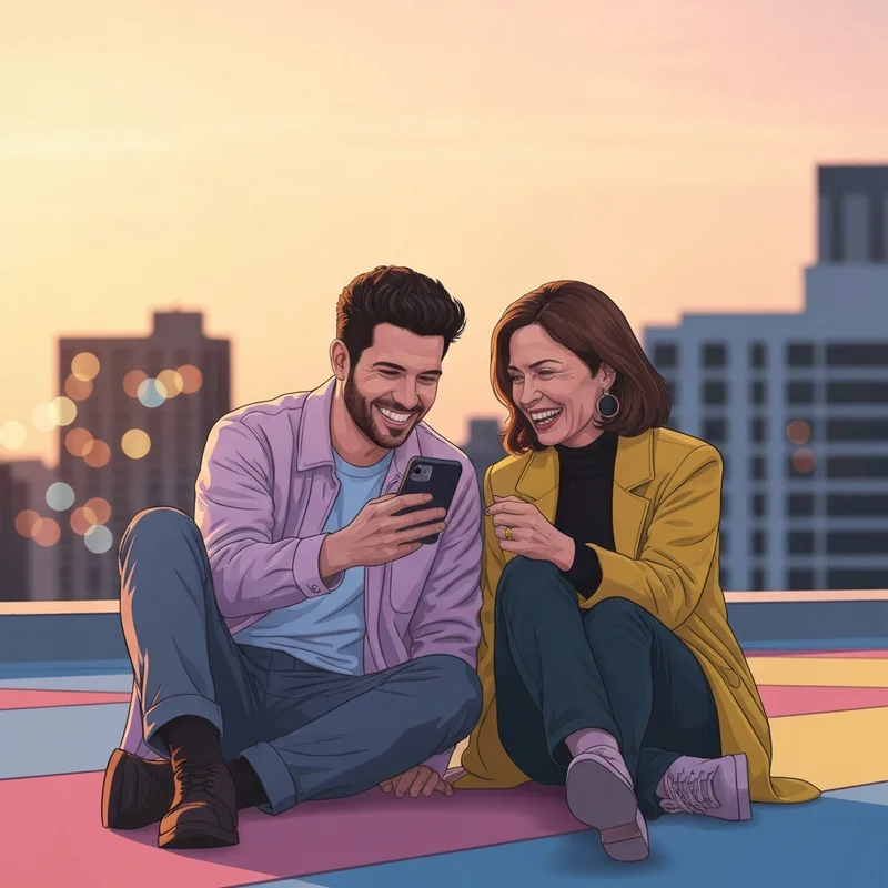 Two best friends laughing while looking at a phone, illustrating the perfect best friend wording for social media.