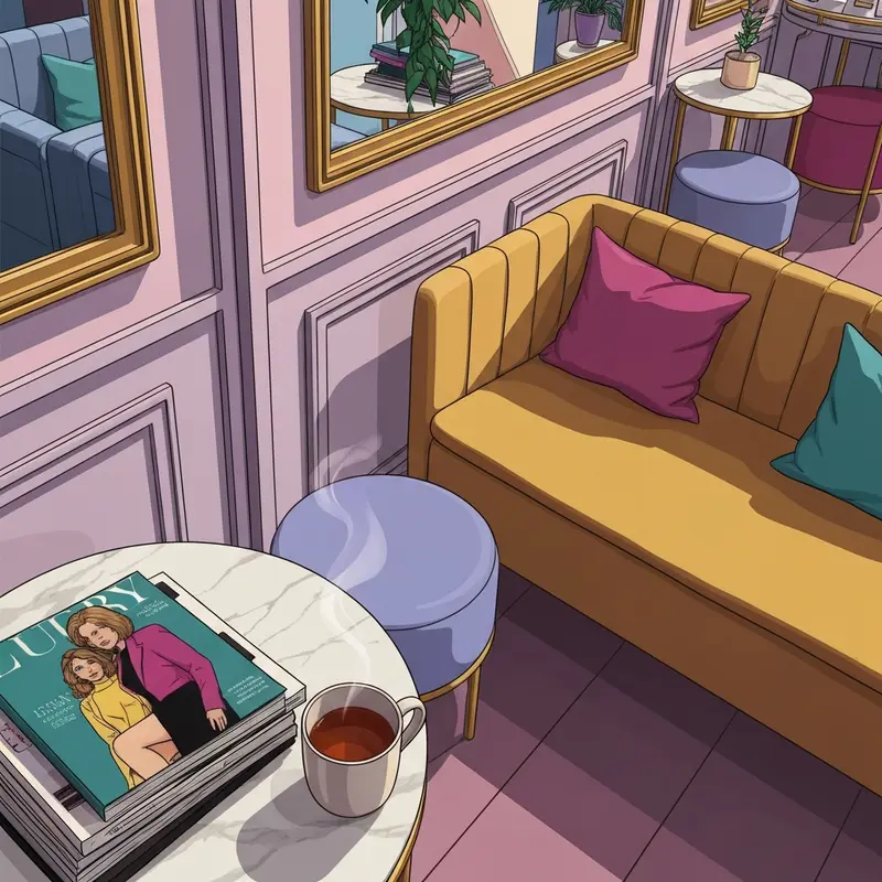 A peaceful and luxurious friends salon interior designed as a social sanctuary for emotional wellness and connection.