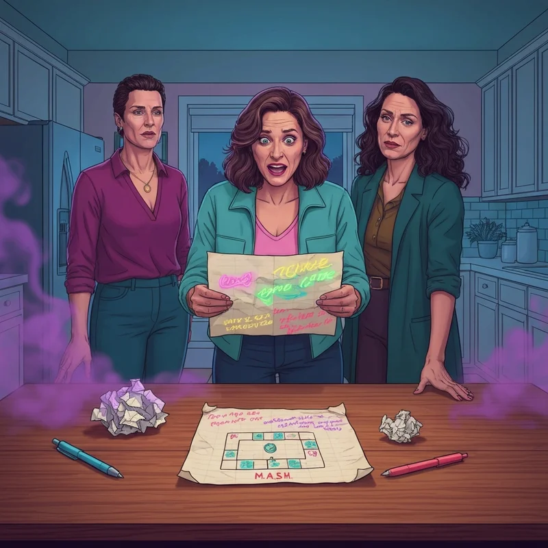 A group of thirtysomething friends looking at a M.A.S.H. game board inspired by the movie Cursed Friends.