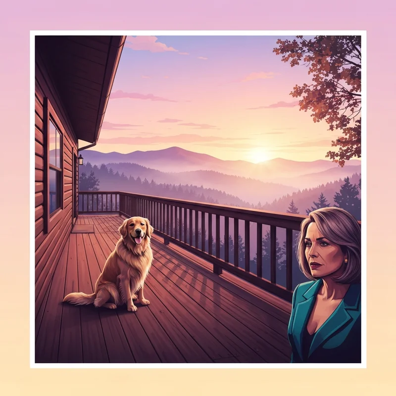 A happy dog sitting on the deck of one of the many pet friendly cabins in gatlinburg tn with mountains in the background.
