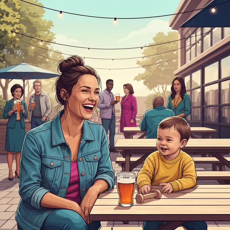 A happy mother and toddler enjoying a sunny afternoon at a family friendly brewery.