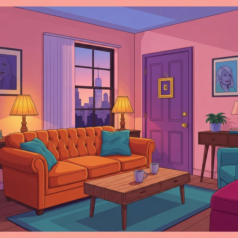 A nostalgic 90s apartment scene featuring an orange couch and a purple door, perfect for fans taking a friends show quiz.