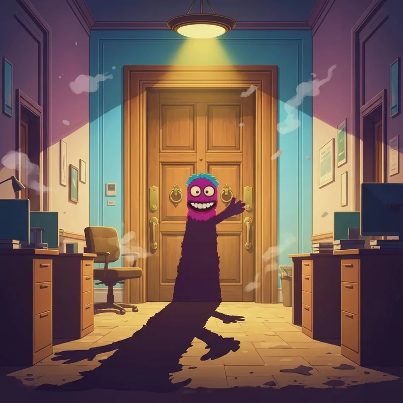 A terrifying puppet monster standing in front of my friendly neighborhood front door in a dark office corridor.