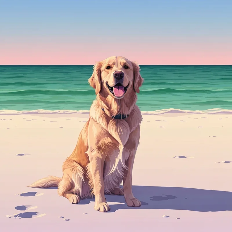 A happy dog enjoying a pet friendly beach panama city florida during a peaceful sunrise.