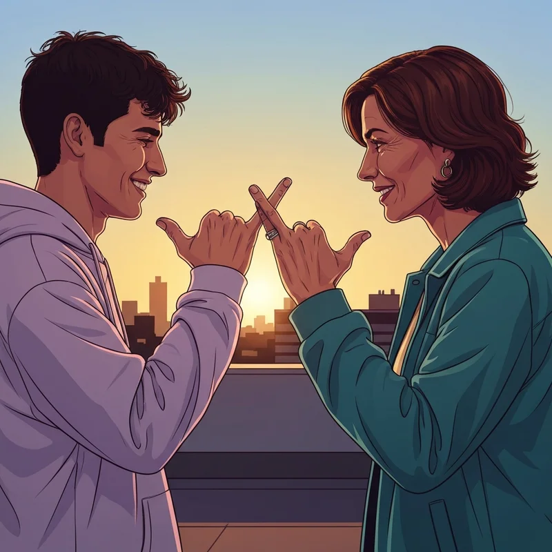 Two young friends performing the best friend asl sign on a city rooftop at sunset.