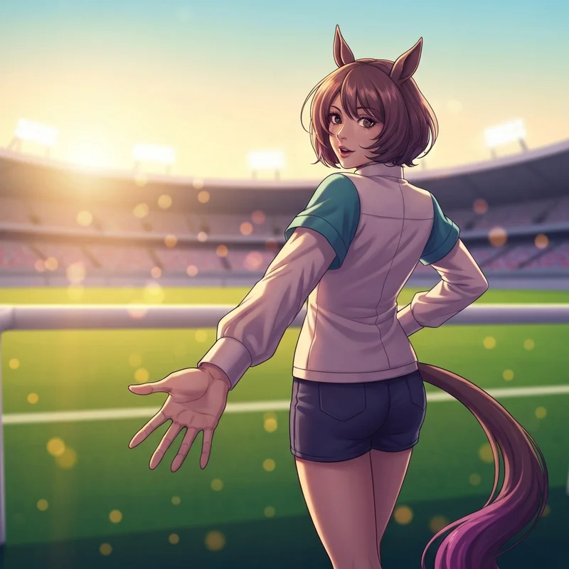 An anime horse girl on a racing track representing the brand new friends uma musume event.