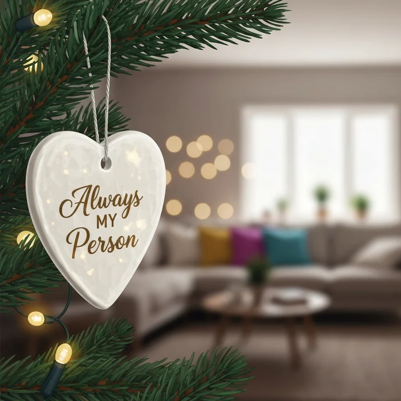 A beautiful ceramic best friend ornament hanging on a holiday tree, symbolizing long-distance friendship and emotional connection.