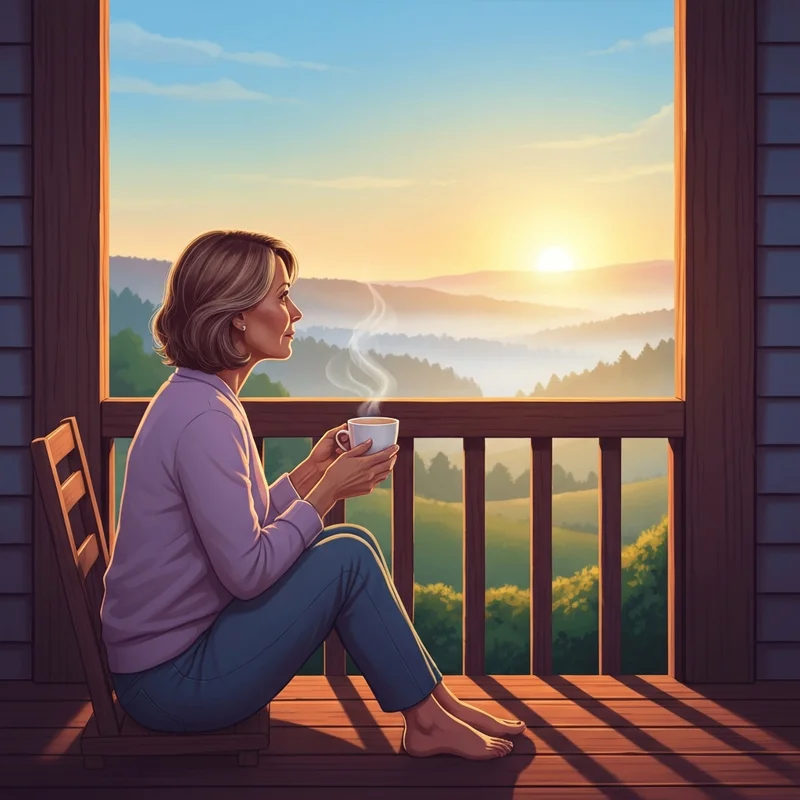 A woman finding peace and reflecting on the What a Friend We Have in Jesus lyrics at sunrise.