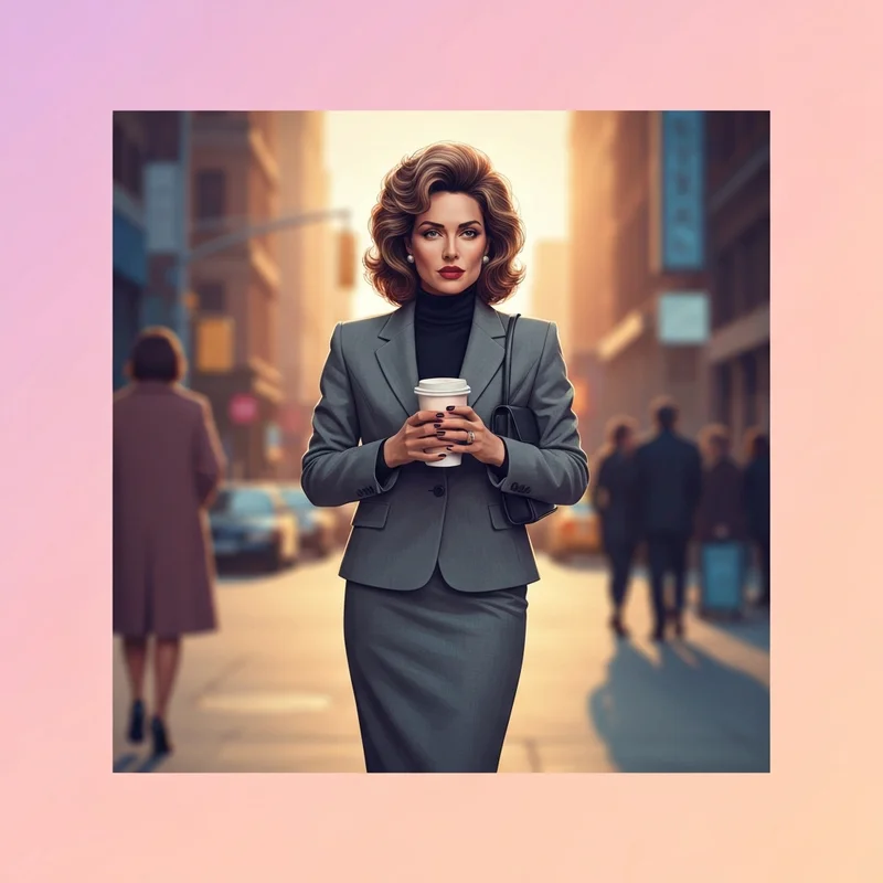 A woman embodying the rachel green costume friends aesthetic with a 90s blowout and tailored suit.