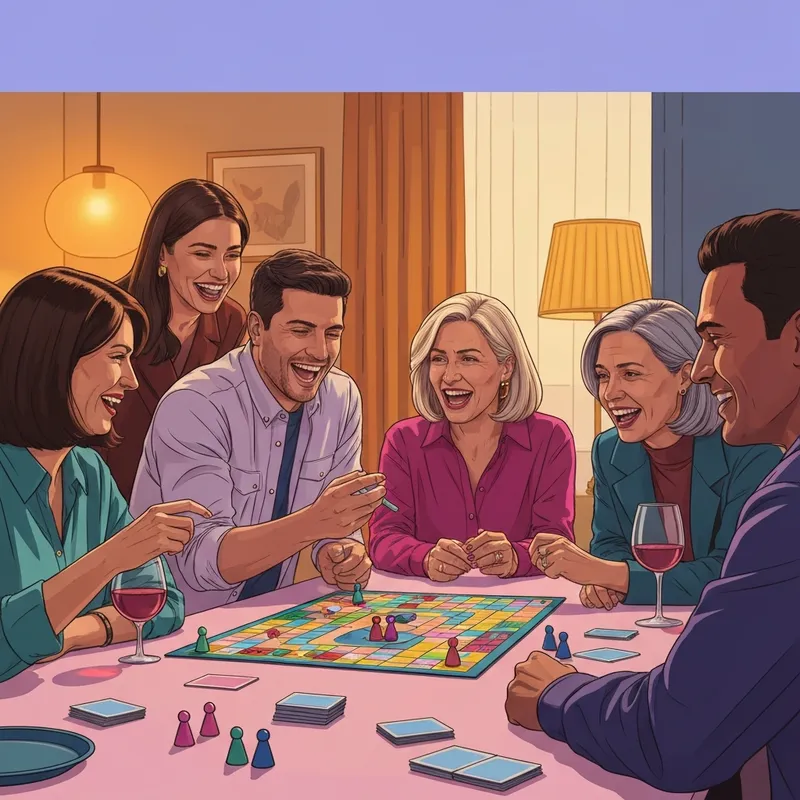 A group of six diverse friends laughing around a table while playing a friends board game in a cozy apartment setting.