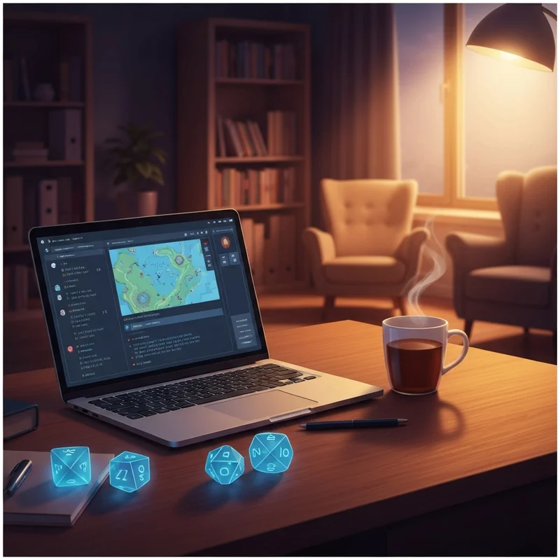 A cozy gaming setup featuring Friends & Fables on a laptop screen with glowing dice and a warm atmosphere.