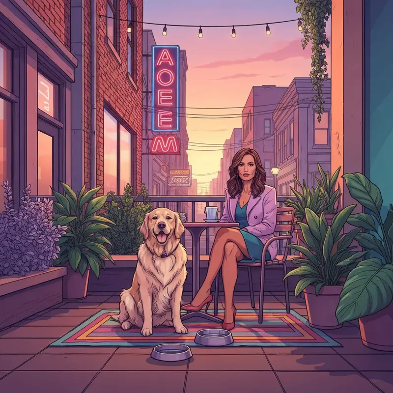 A happy dog and owner enjoying a pet friendly nashville patio at sunset.