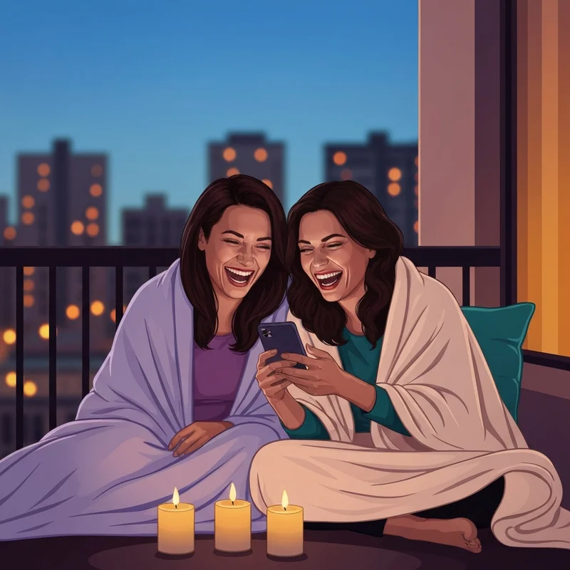 Two best friends sharing a moment of gratitude while looking for thankful quotes for friends on a cozy balcony.