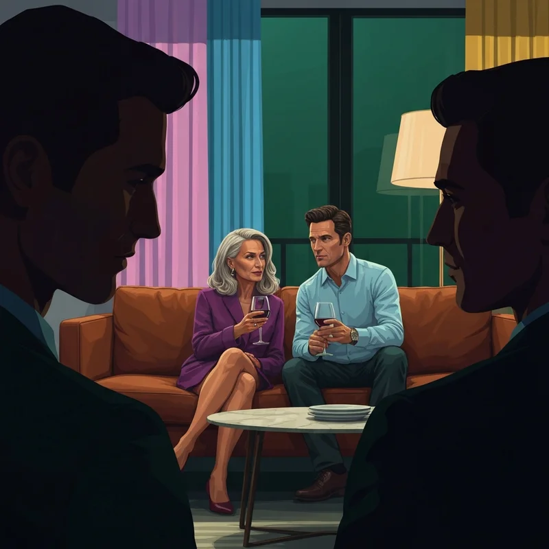 A sophisticated couple and a friend exploring the friends share wife lifestyle through deep conversation.