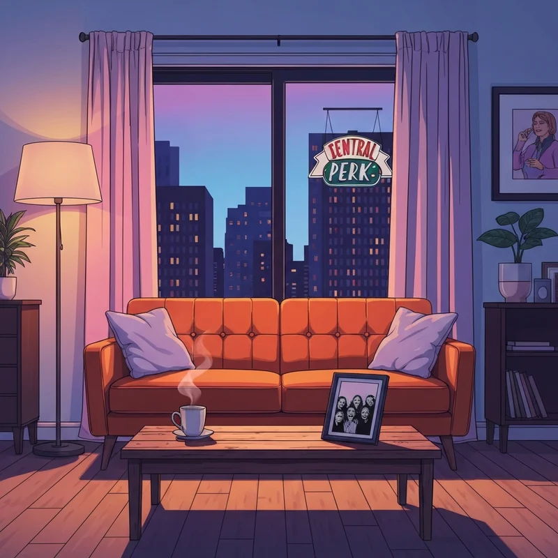 An empty orange sofa representing the nostalgia found in a friends reunited trailer.