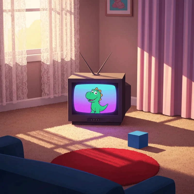 A nostalgic 90s living room featuring a TV playing barney and friends red blue and circles too with primary colored decor.