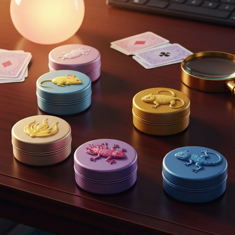 Five kanto friends mini tin containers displayed on a wooden desk showing the full panoramic artwork.