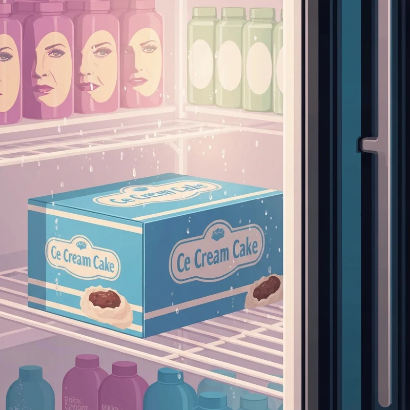 A close up of a friendlys ice cream cake box in a grocery store freezer aisle representing nostalgic comfort.