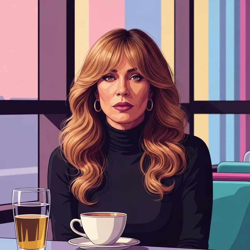 A woman showcasing the modern evolution of hairstyles rachel friends with voluminous layers and honey highlights.