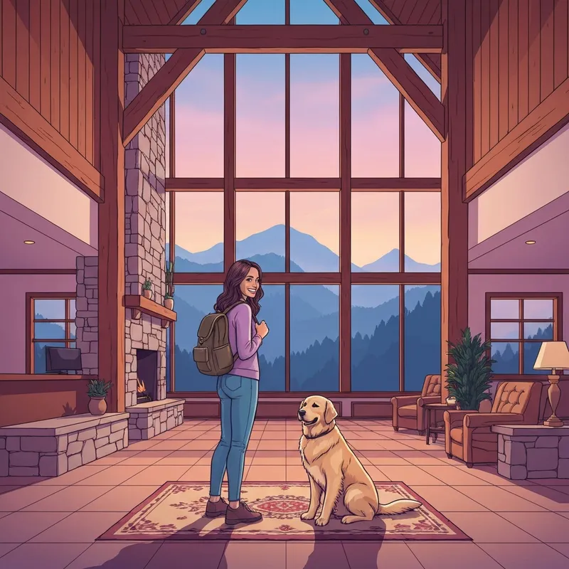 A woman and her golden retriever checking into pet friendly hotels in sevierville tn with a view of the Smoky Mountains.