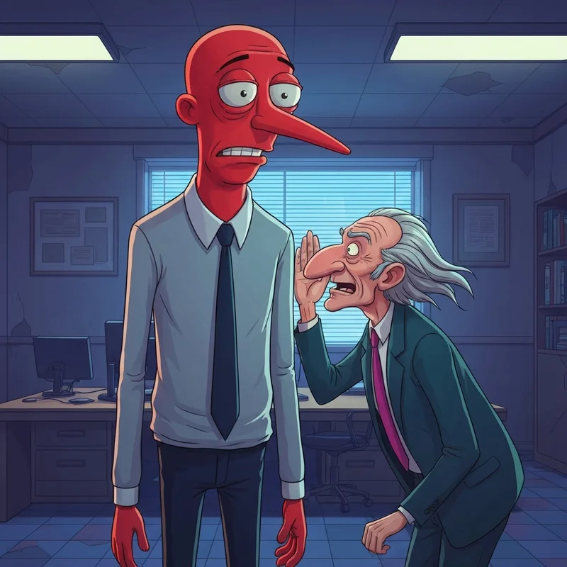 A scene from the Silly Samuel episode where Mr. Boss tells Alan we are so fucked smiling friends in their illegal office building.