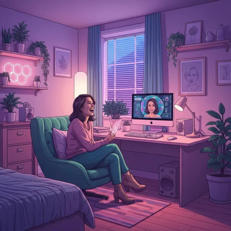 A young woman interacting with her custom ai companion in a cozy, high-tech neon room.