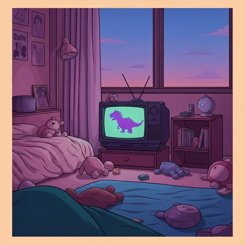 A vintage television screen displaying the iconic barney and friends logo in a nostalgic 90s bedroom setting.