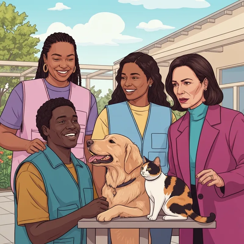 A diverse group of volunteers interacting with animals, embodying the spirit of the Animal Rescue Friends series.