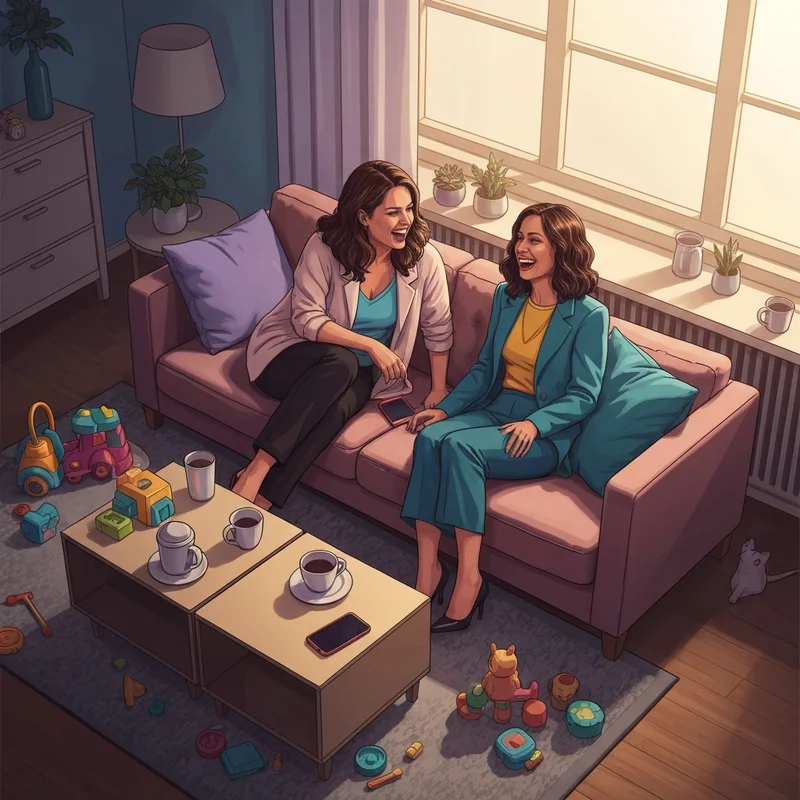 Two best friends laughing together while navigating motherhood, the perfect setting for a happy mothers day message for friends.