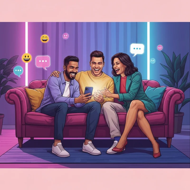 A group of friends laughing while looking for good names to call your friends on a smartphone screen in a neon-lit room.