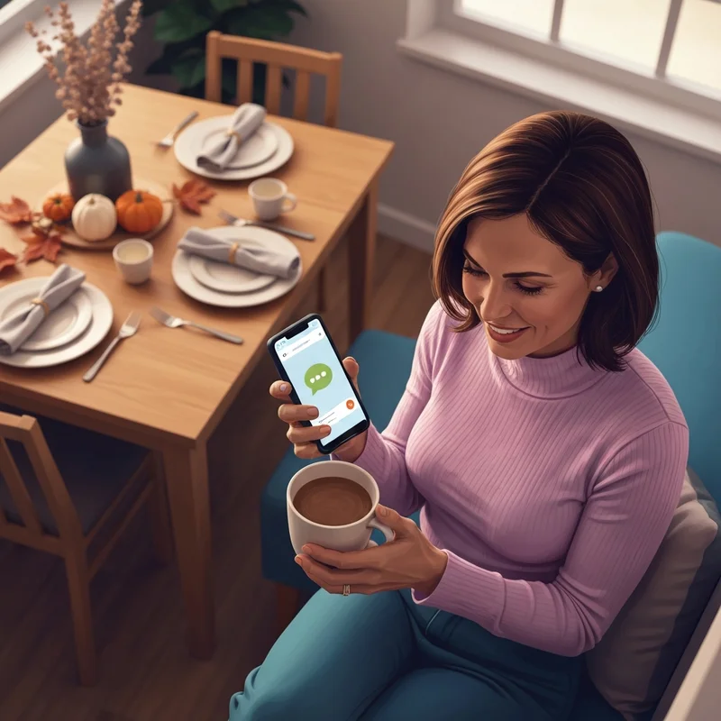 A young woman thoughtfully sending a happy thanksgiving to friends and family message on her phone in a cozy autumn kitchen.