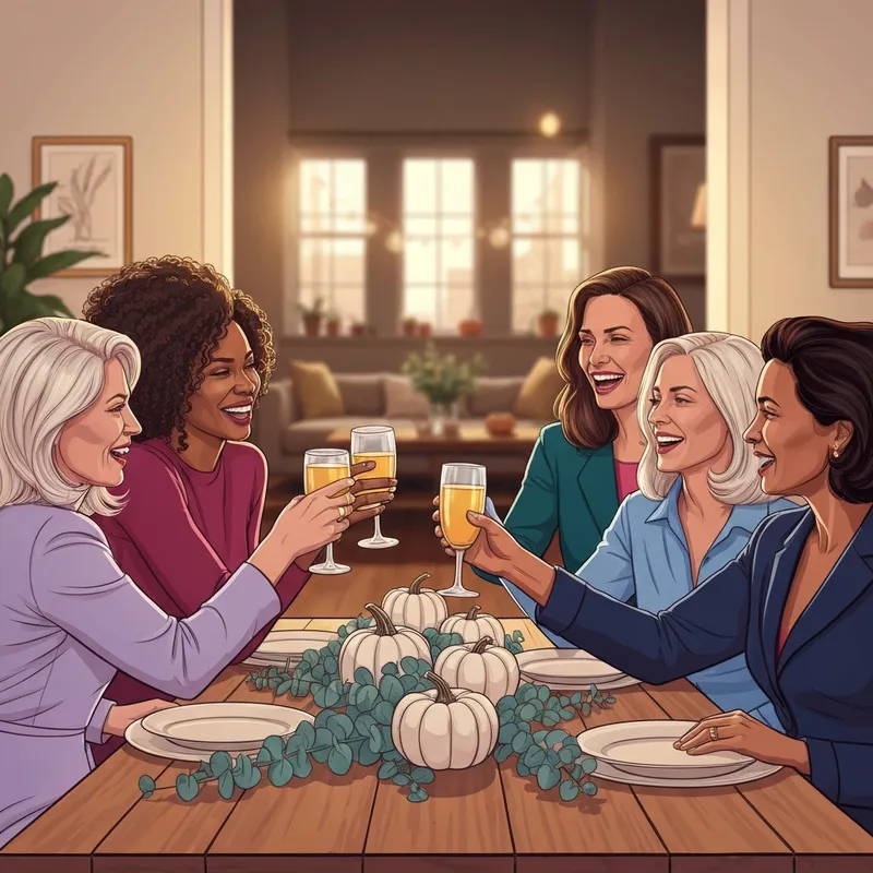 A group of young adults celebrating Friendsgiving together, the perfect setting for a happy thanksgiving friends gif.