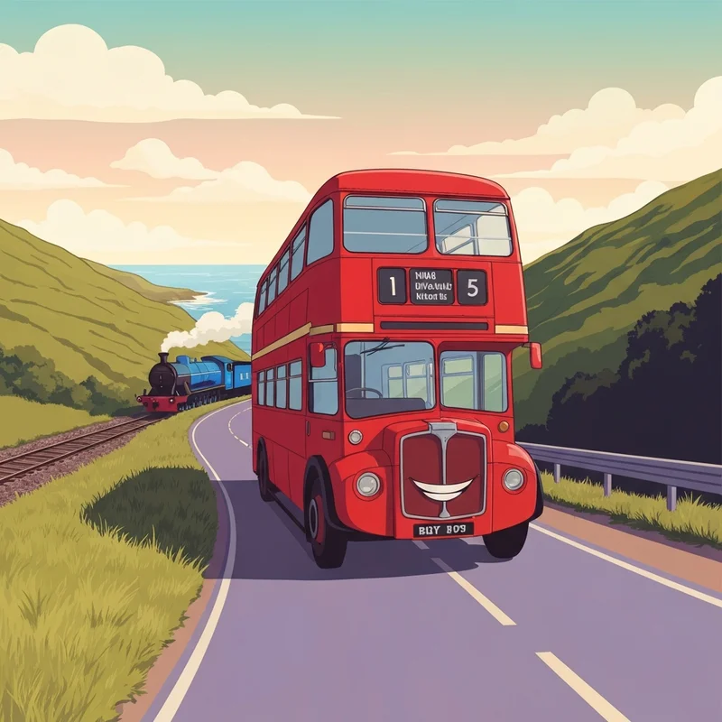 A nostalgic depiction of bertie thomas and friends racing through the lush countryside of Sodor during the golden hour.