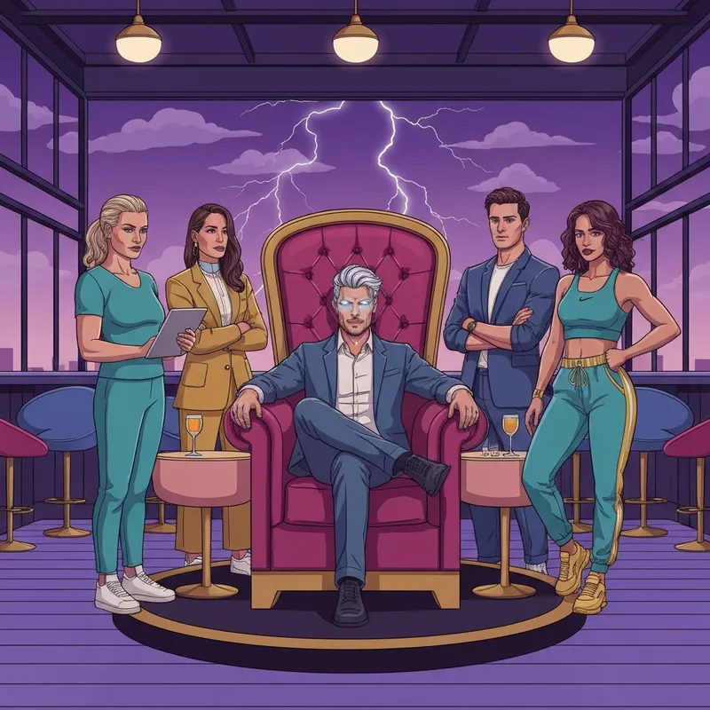 A group of modern zeus friends gathered around a powerful leader at an exclusive rooftop lounge under a stormy sky.