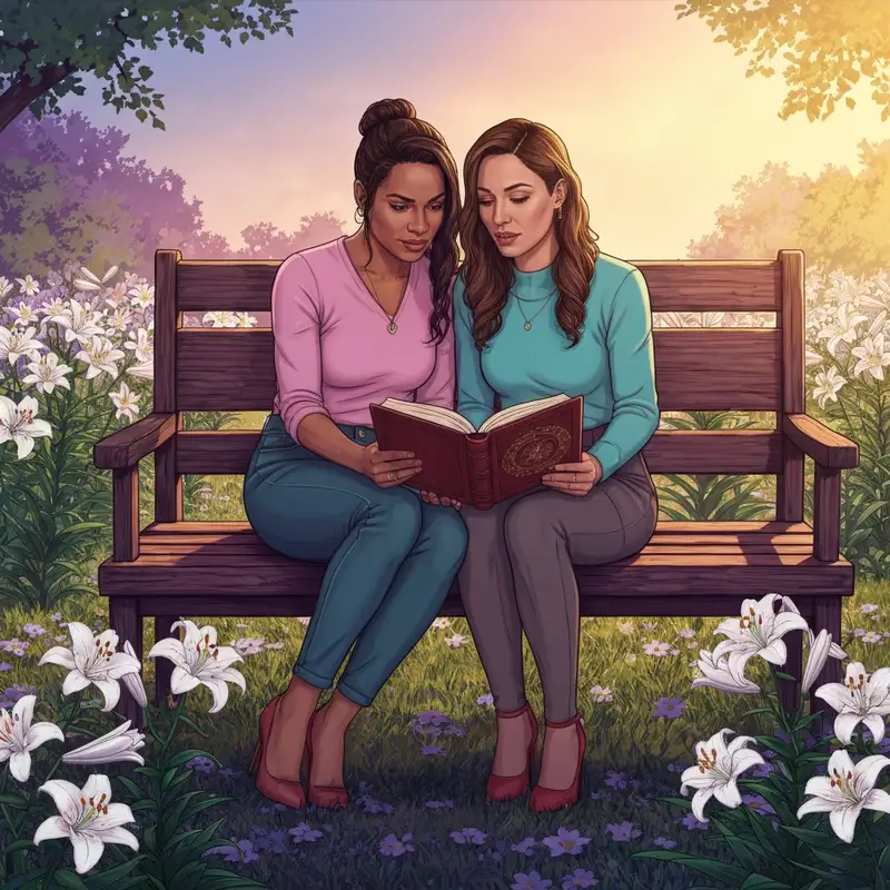 Two friends sharing a spiritual moment while reading friend bible verses in a peaceful garden setting.