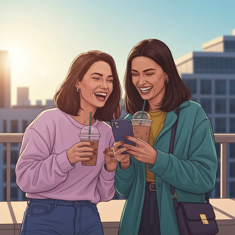 Two besties laughing together while looking for a rhyme word of friend on their phone during golden hour.