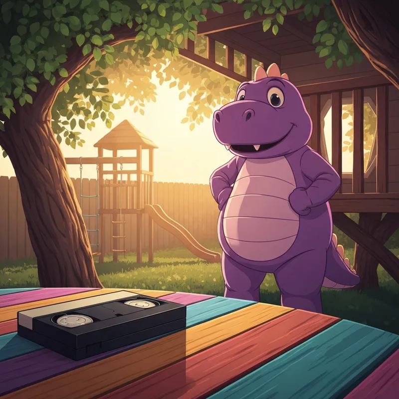 A nostalgic 1999-style scene inspired by barney and friends sing and dance with barney featuring a purple dinosaur in a treehouse.