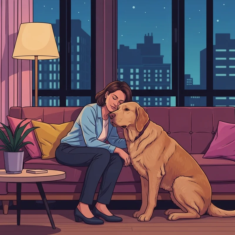 A woman cuddling her dog on a couch, illustrating why dogs are a man's best friend in a modern apartment setting.