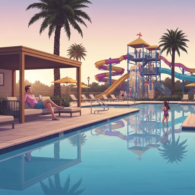 A luxury pool and splash pad area at one of the top family friendly resorts in orlando at sunset.