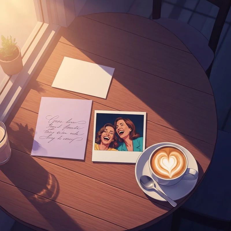 A heartfelt setup for writing birthday wishes for a dear friend including a handwritten card and a nostalgic photo.